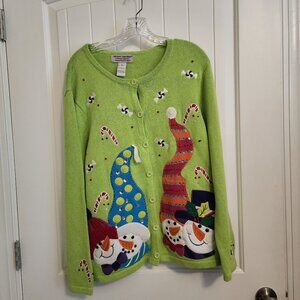 Heirloom Collectibles Christmas Collection Snowman Green Cardigan Sweater XL Cot